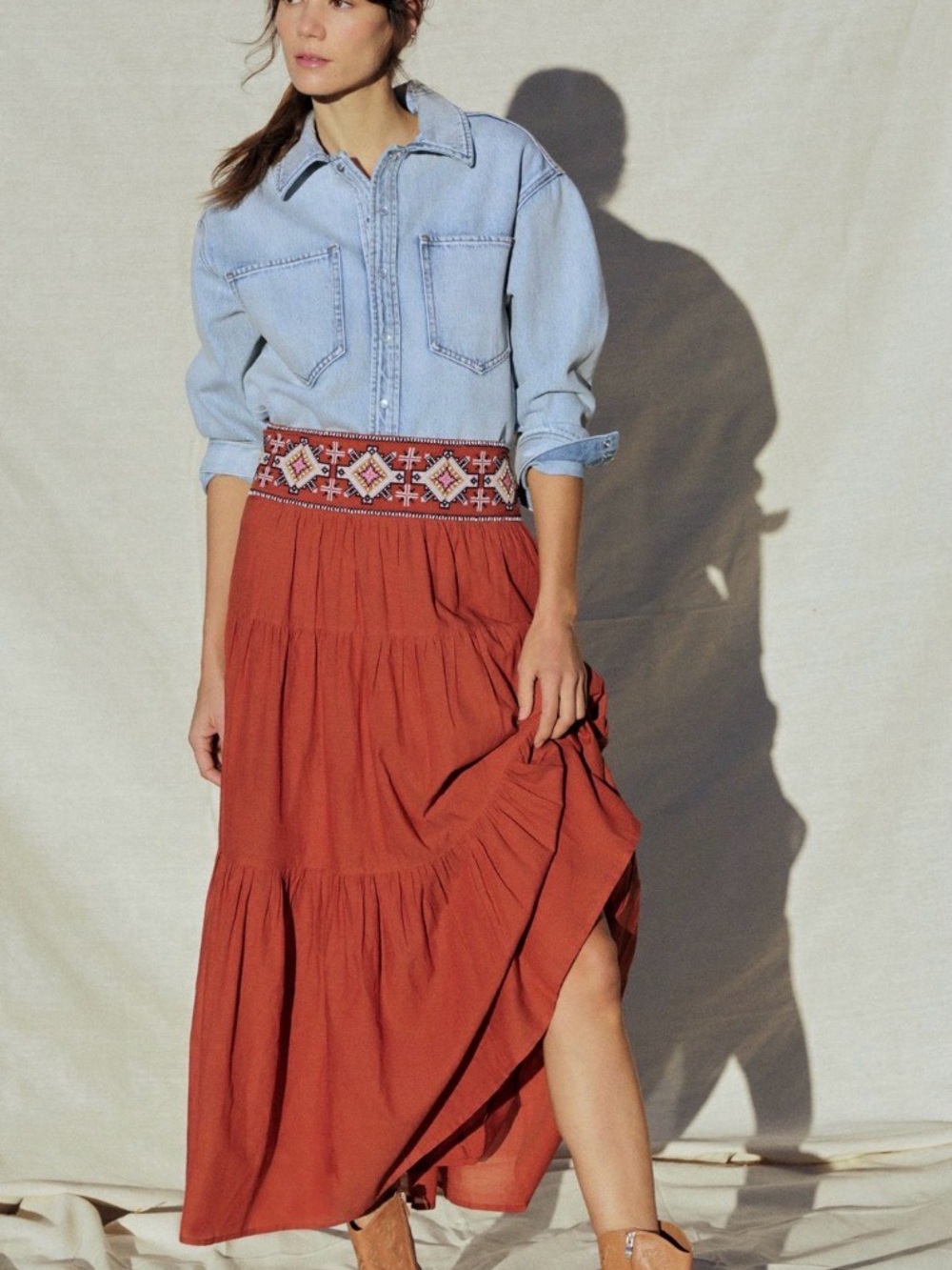 Anthropologie Tiered Maxi Skirt in Rust Orange - Picture 4 of 8
